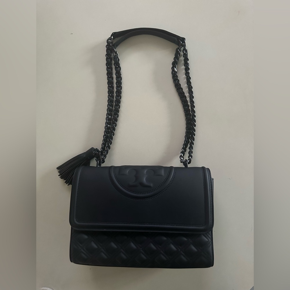 Tory Burch Fleming Black Matte Convertible Shoulder Bag with Chain Strap